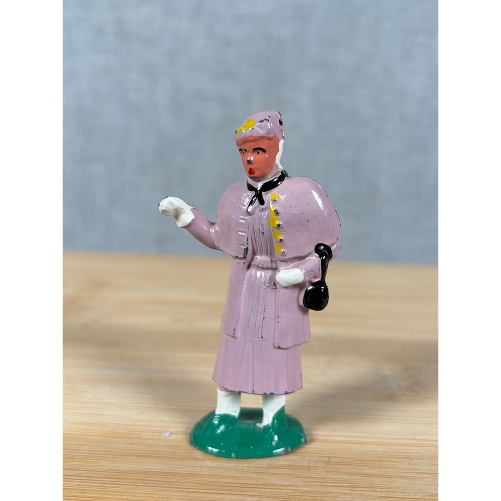 Vintage Hand Painted Metal Miniature Woman Figurine Pink Victorian Suit 2.25 In